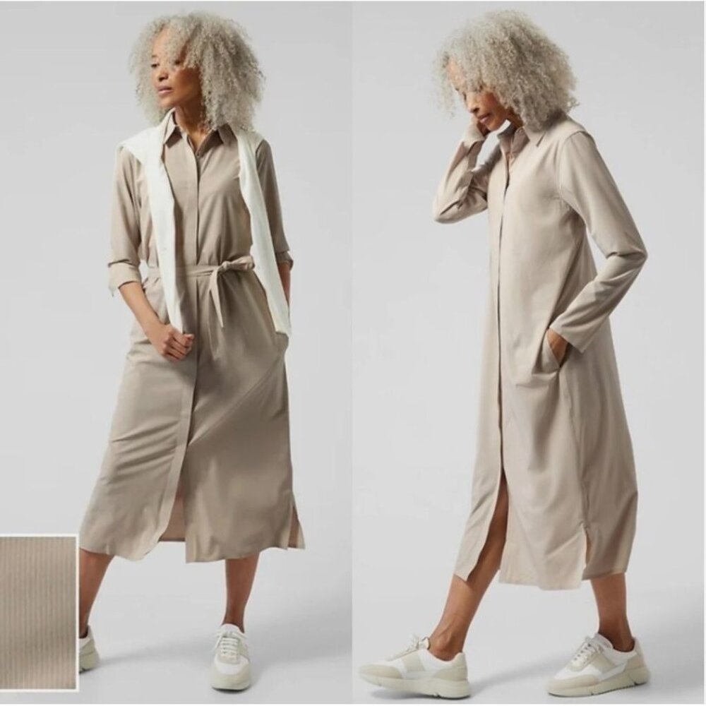 Athleta Urbanite Textured Belted Shirt Dress - Stripe Beige - Size XS